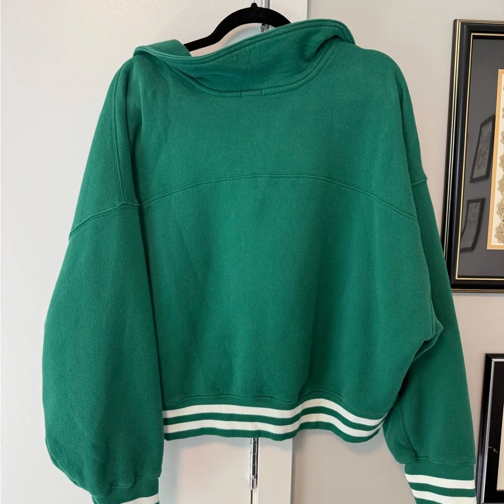 Aerie Emerald V-Neck Cropped Sweatshirt with White Stripes - Picture 3 of 3